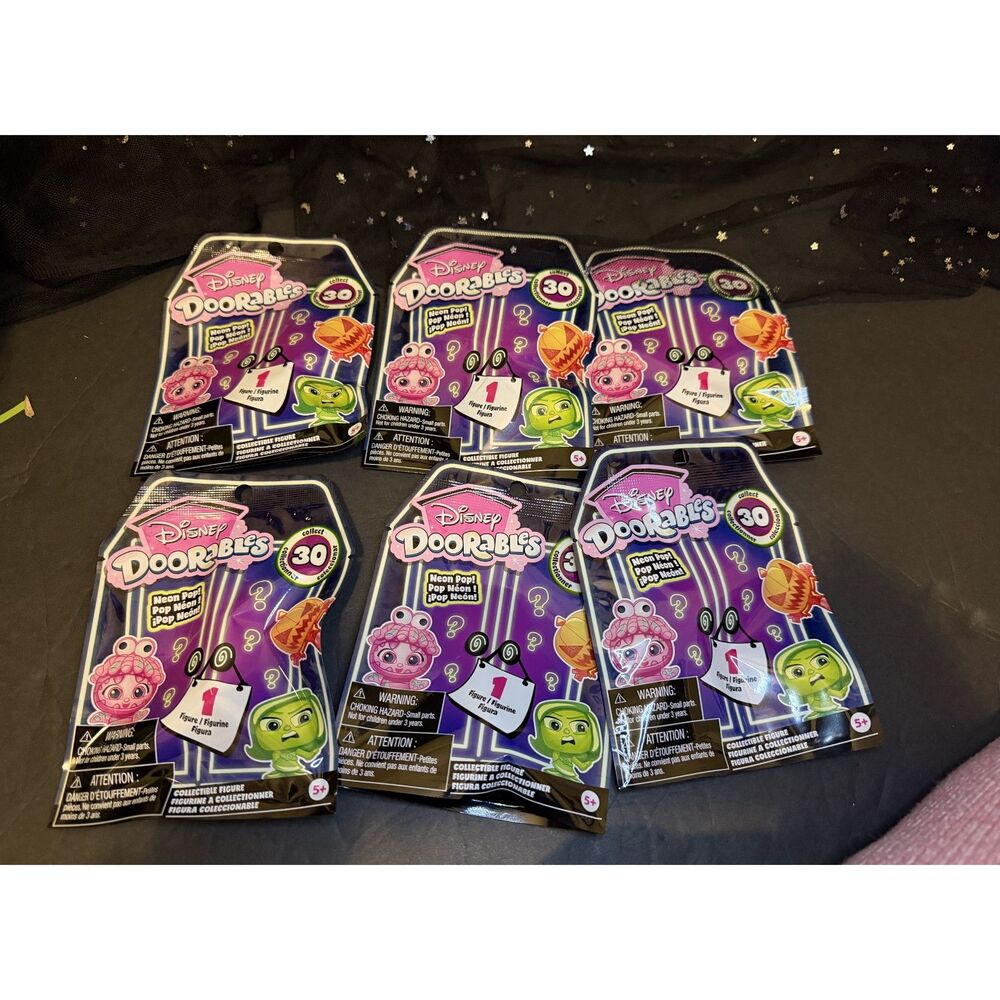 Disney Doorables Neon Pop Blind Bags Lot of 6 New Sealed Mystery Figures